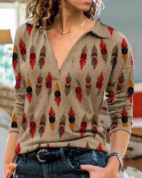 Plus Size Vintage Feather Shirt Collar Long Sleeve Tops - Chicaggo