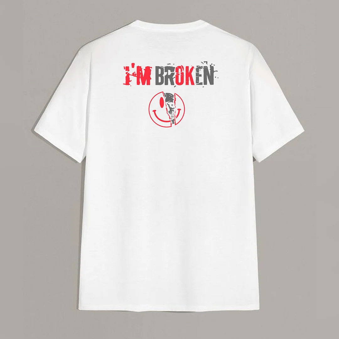 I’M BROKEN and Smiling Face Skull Graphic Casual Black and White Print T-shirt