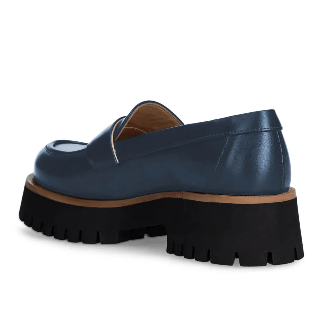 Navy Round Toe Office Shoes Platform Loafers with Chunky Heels