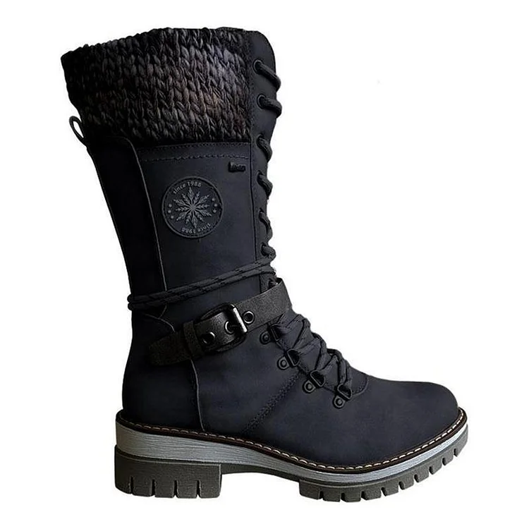 Retro Style Chunky Low Heel Lace Up Knitted Mid-Calf Boots shopify Stunahome.com