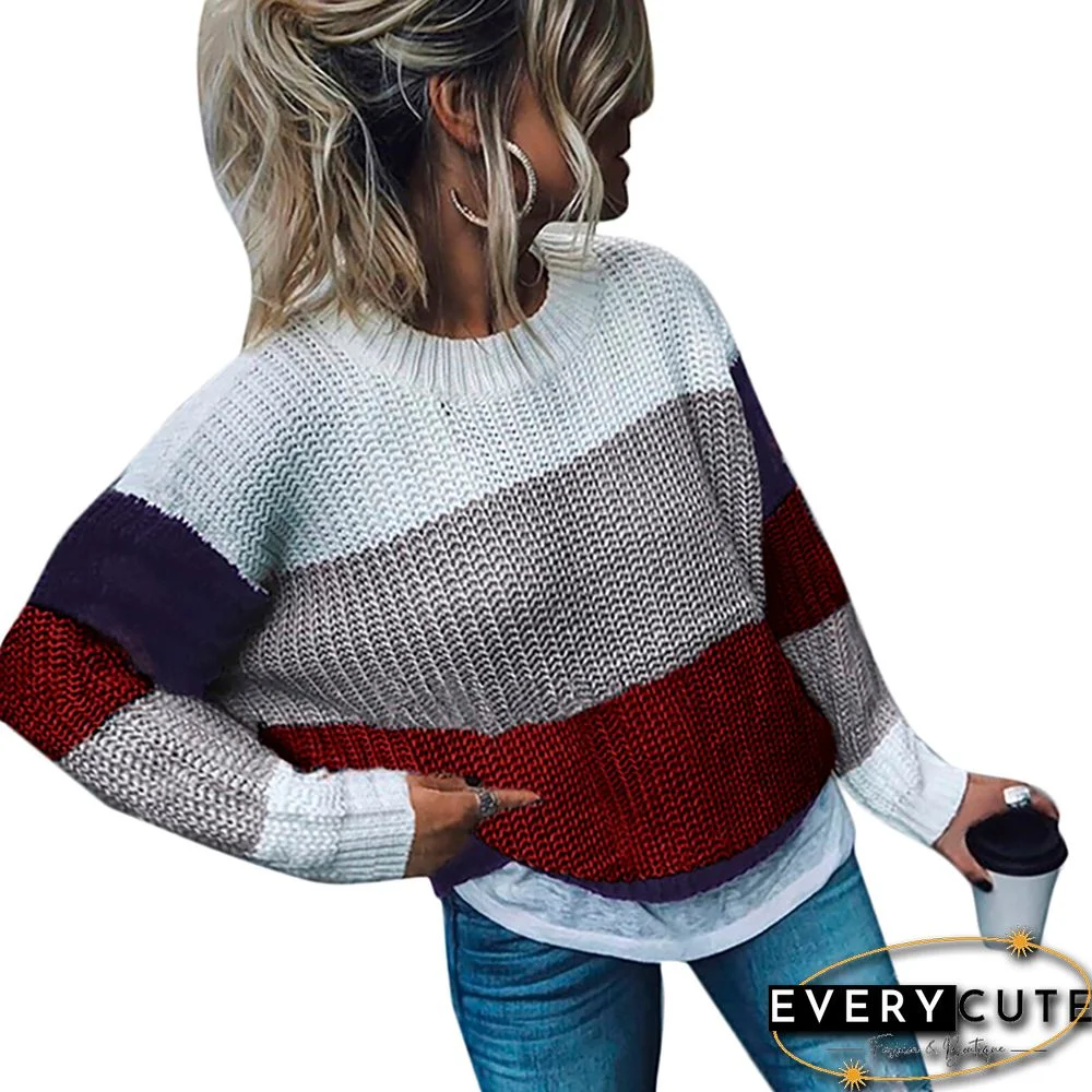 Wine Red Striped Color Block Loose Style Sweater