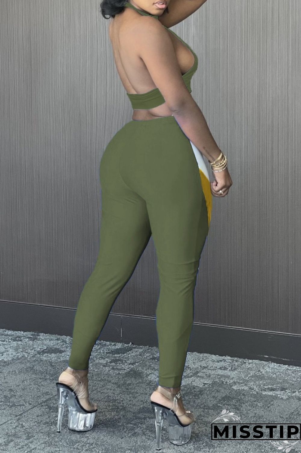 Olive Green Sexy Patchwork Hollowed Out Backless Contrast Halter Sleeveless Two Pieces