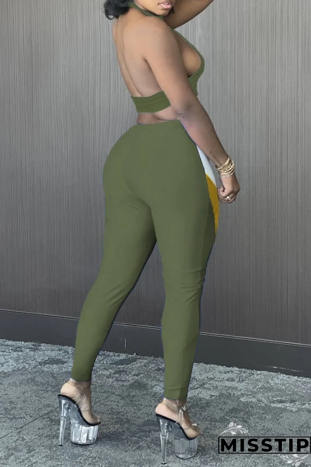 Olive Green Sexy Patchwork Hollowed Out Backless Contrast Halter Sleeveless Two Pieces