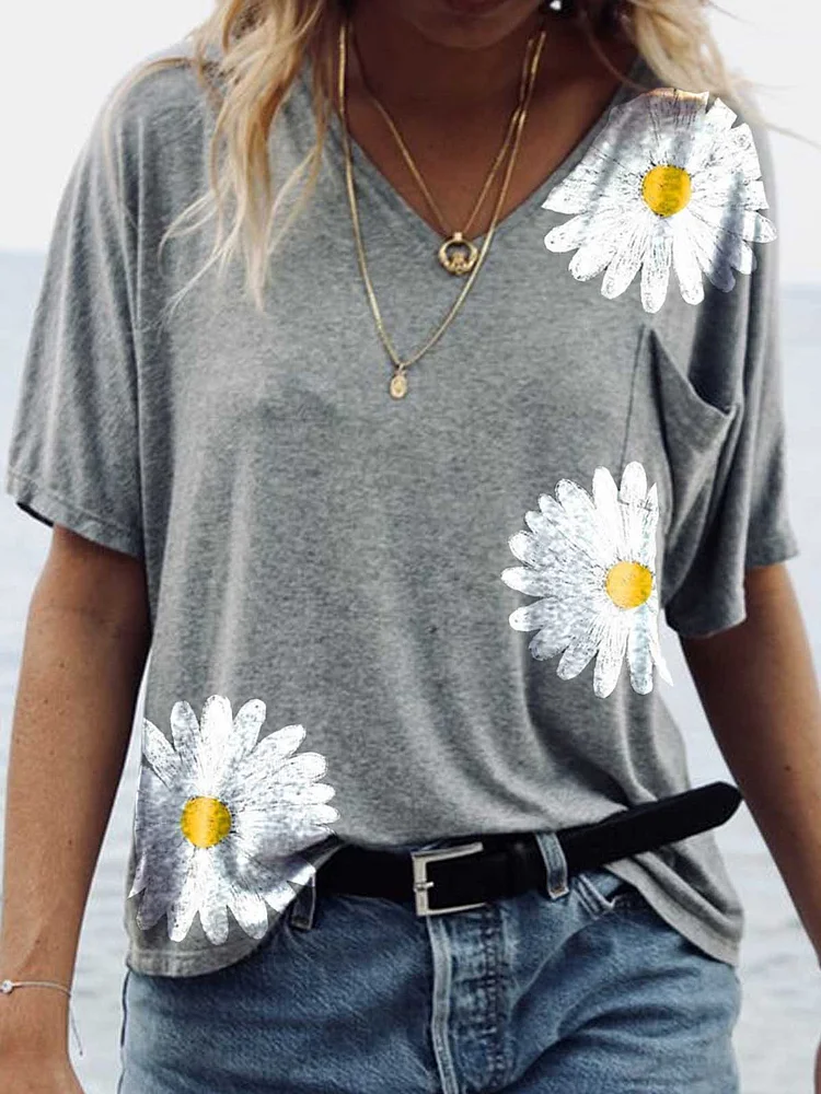 Gray V Neck Cotton Short Sleeve Printed T-Shirt