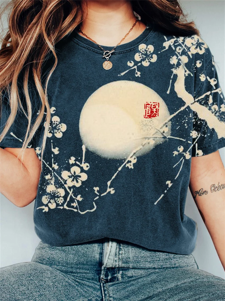 Plum Blossom & Moon Japanese Lino Art Vintage T Shirt