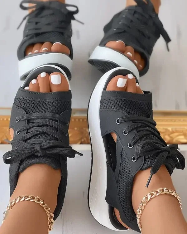 Contrast Paneled Cutout Lace-up Muffin Sandals Open Toe Wedge Sandals