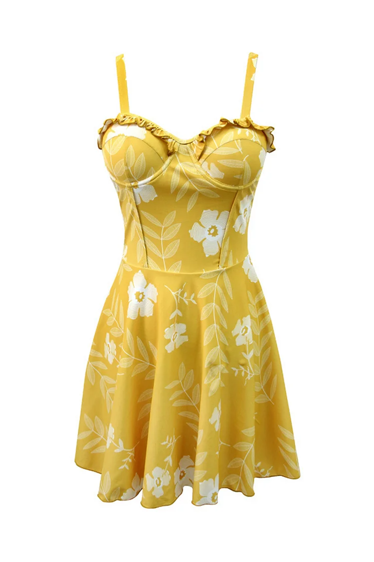 1950s Yellow Casual Floral Print Cami Ruffle One-piece Swimsuit