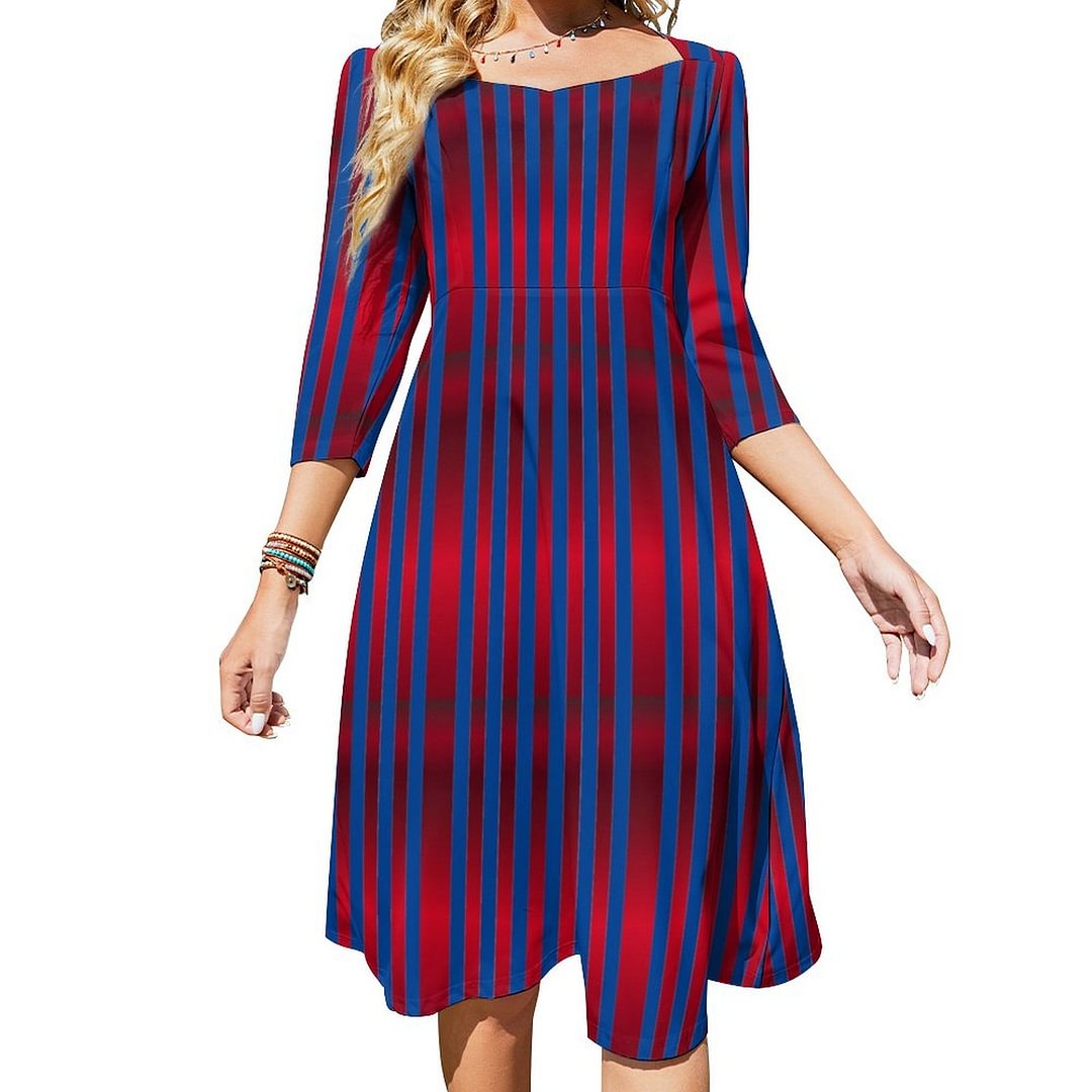 Red White Blue 4Th Of July Patriotic Dress Sweetheart Tie Back Flared 3/4 Sleeve Midi Dresses