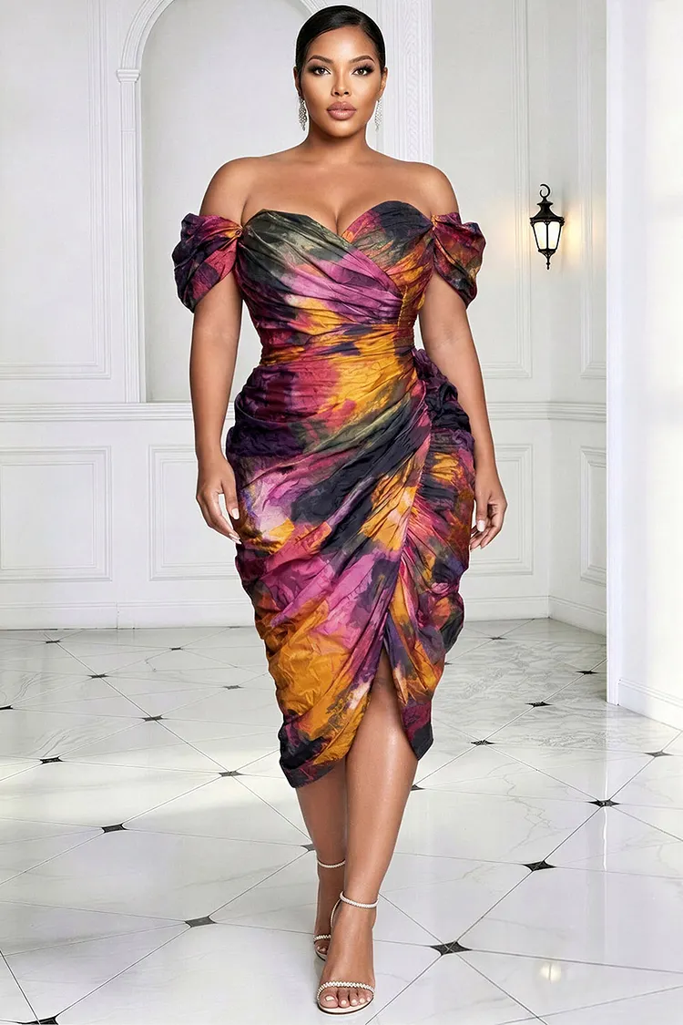 Xpluswear Design Plus Size Party Elegant Purple All Over Print Off The Shoulder Short Sleeve Split Fold Midi Dresses [Pre-Order] 2024 - Xpluswear