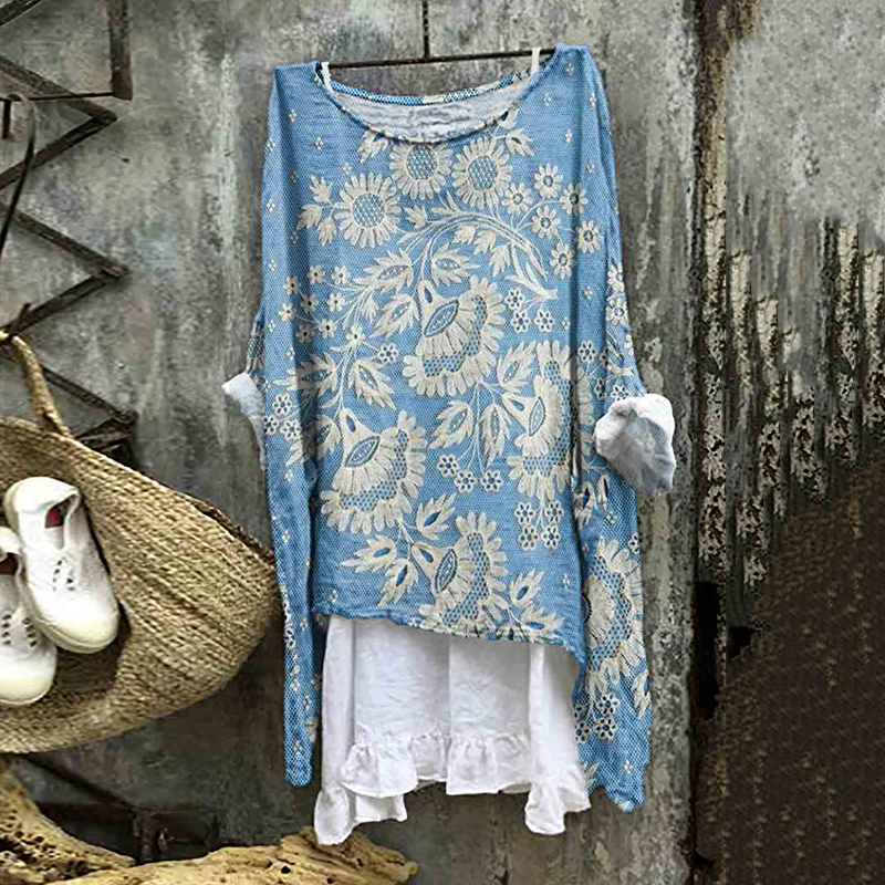 Comstylish Vintage Floral Lace Embroidered Linen Blend Flowy Tunic