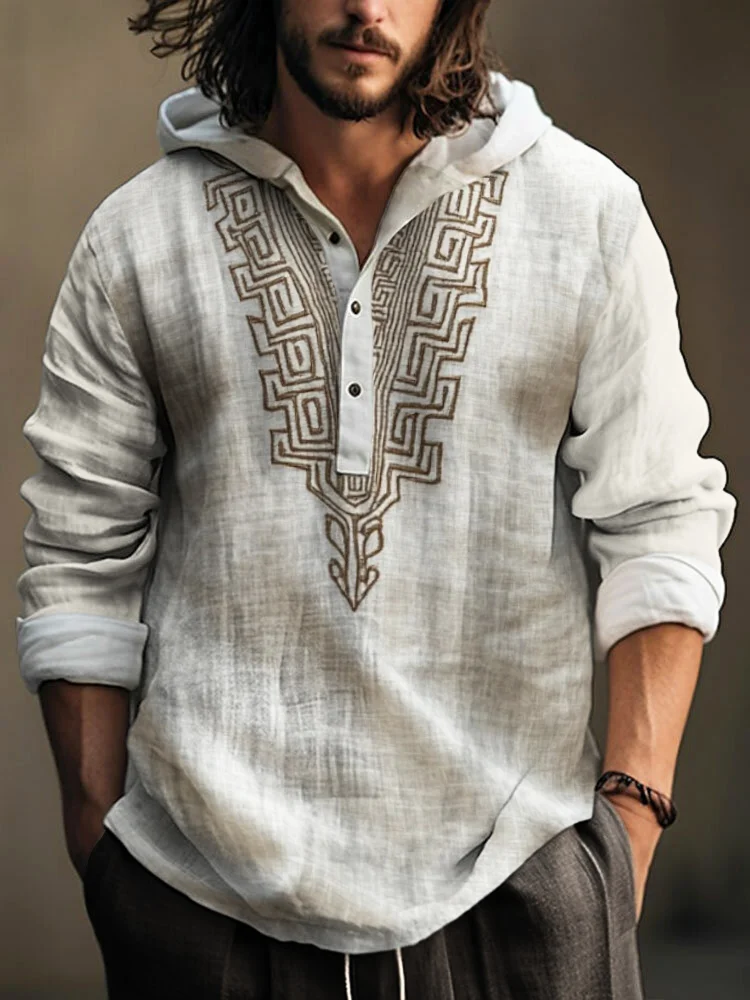 Vintage Greek Geometric Men's Hooded Linen Shirt
