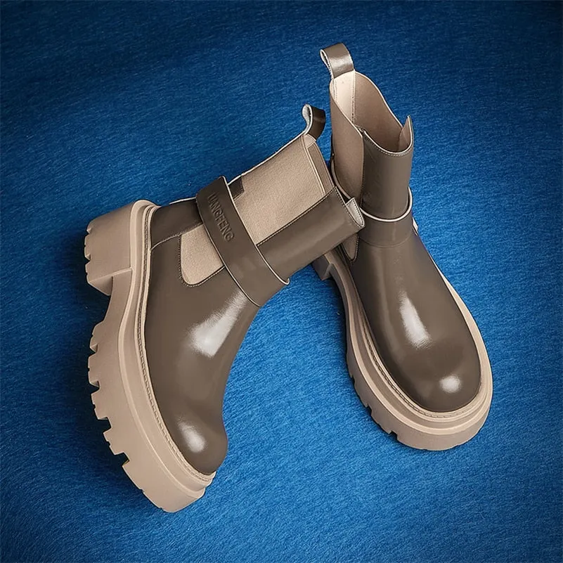 Meotina Genuine Leather Ankle Shoes Women Think Heel Short Boots Round Toe High Heel Ladies Boots 2021 Autumn Winter Khaki Black