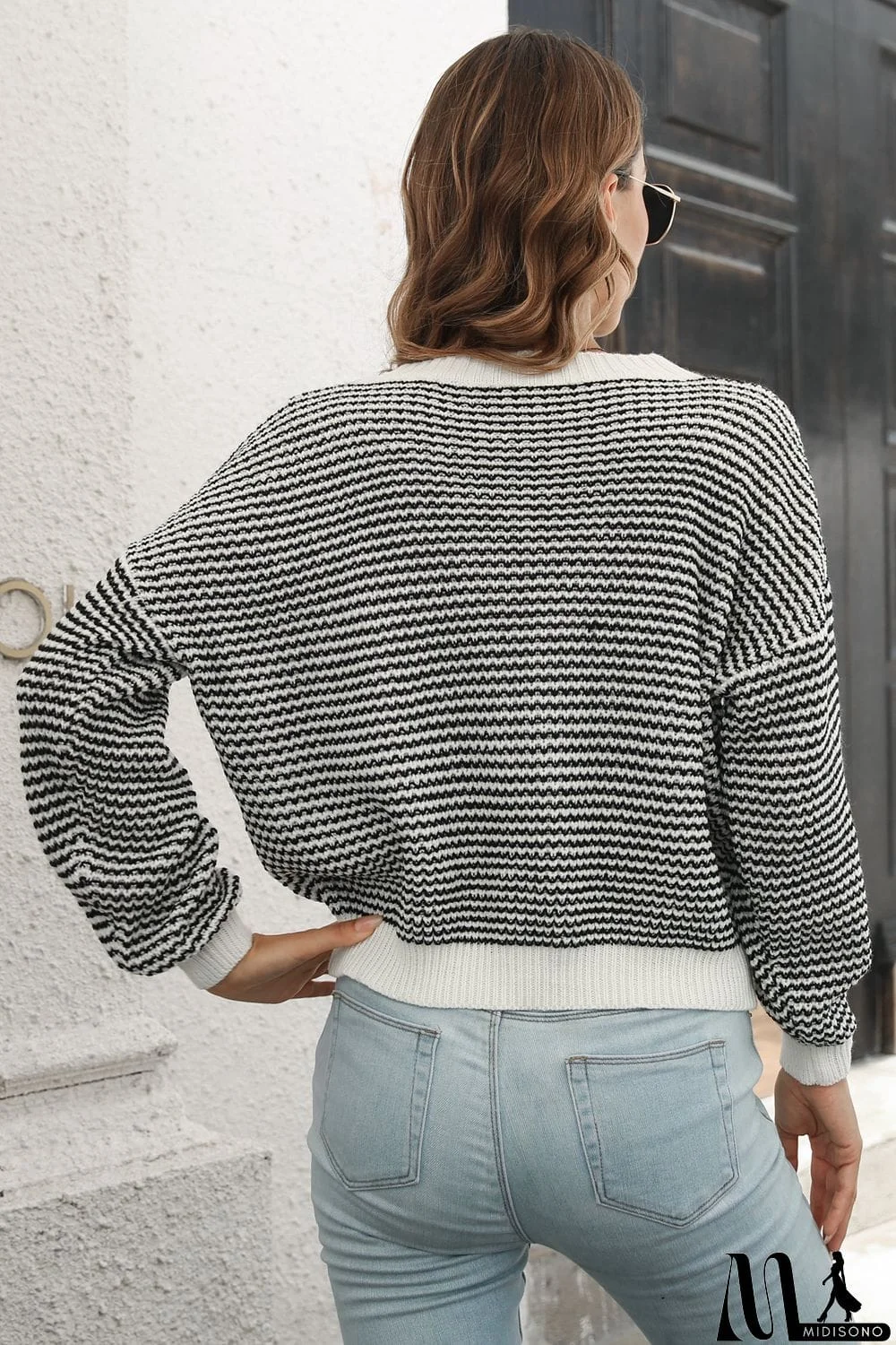 MidiSono - Striped Round Neck Dropped Shoulder Sweater