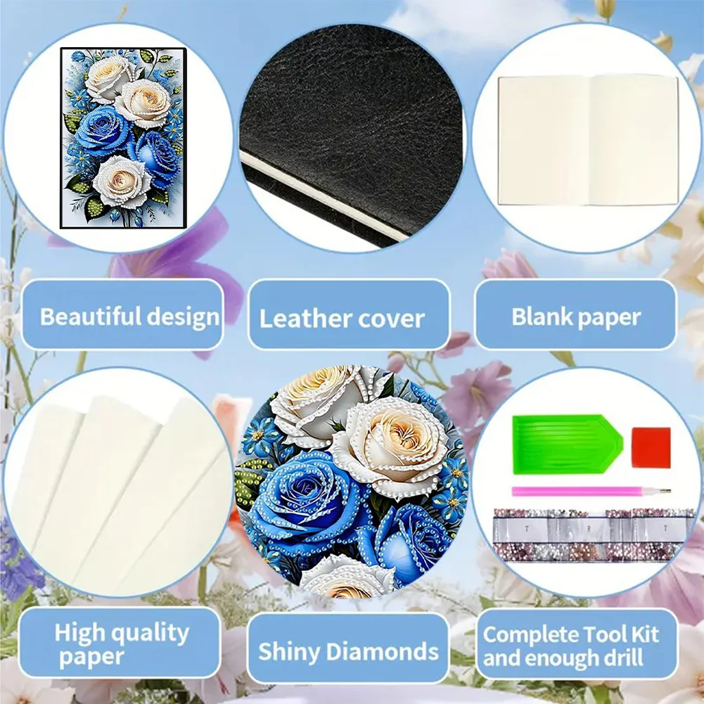 Roses 5D DIY Diamond Art Painting Notebook Kit (50 Pages A5 No Lines) Rhinestone Art Painting Notebook Kit for Adults Beginners Holiday Birthday Gift