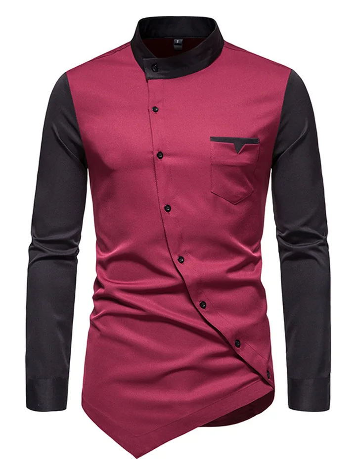 Casual Men's Slim Colorblocking Shirt Youth Personality Irregular Color Collision Henry Collar Shirt Men's Cardigan-JRSEE