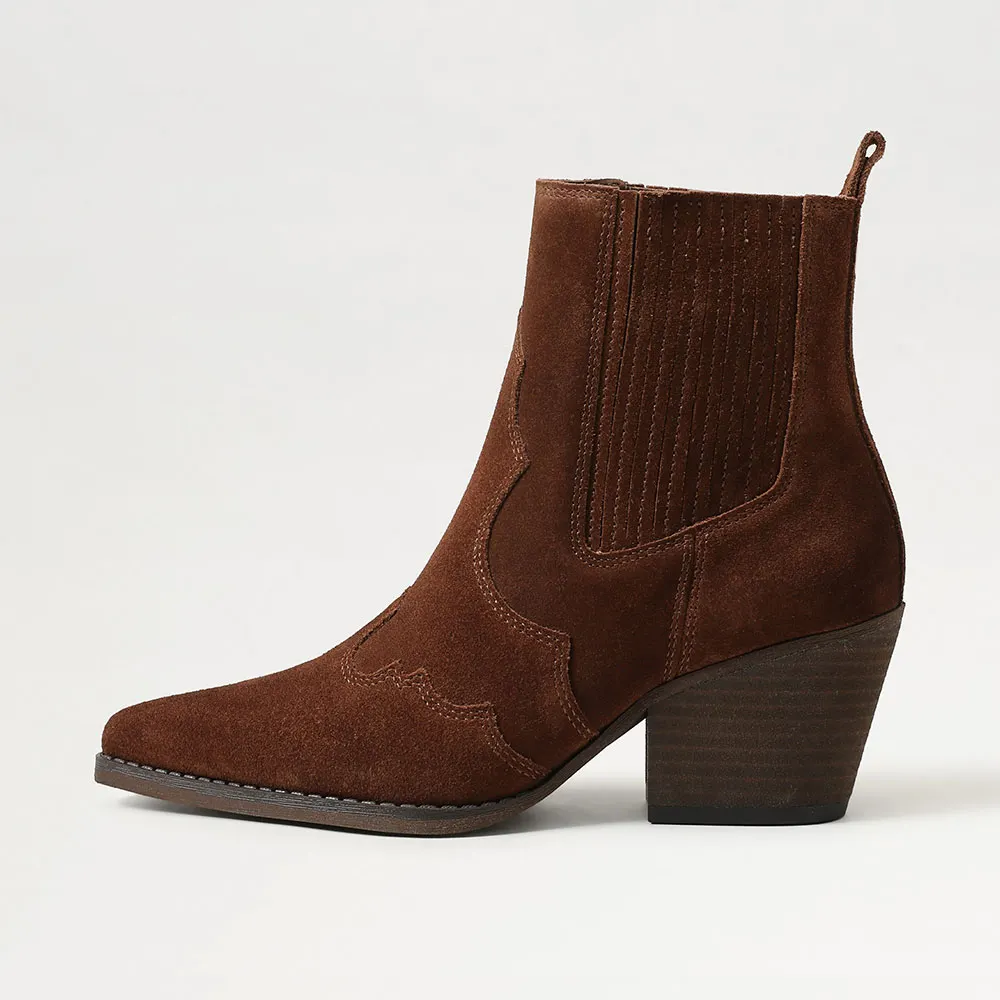 Fashion Brown Vegan Suede Pointed Toe Pull On Stitching Cowgirl Boots
