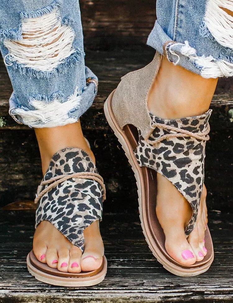 Women's Summer Leopard Printed Zipper Flat Sandals