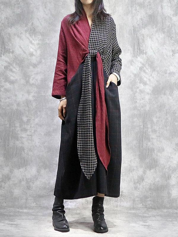 Stitched Plaid Chest Cross V-Neck Maxi Dress
