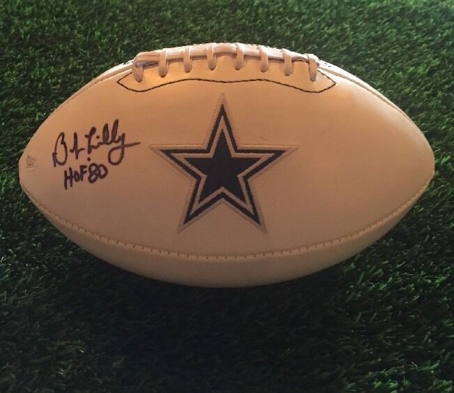 BOB LILLY SIGNED DALLAS COWBOYS WHITE PANEL STAT BALL JSA STICKER HOF 80