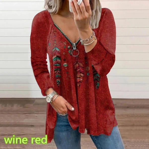 Spring and Early Autumn New Fashion Women's Feather Plaid Printed Casual Plus Size Long Sleeve Zipper V-neck Top Loose Soft and Comfortable Long Sleeve Bottoming Shirt XS-5XL