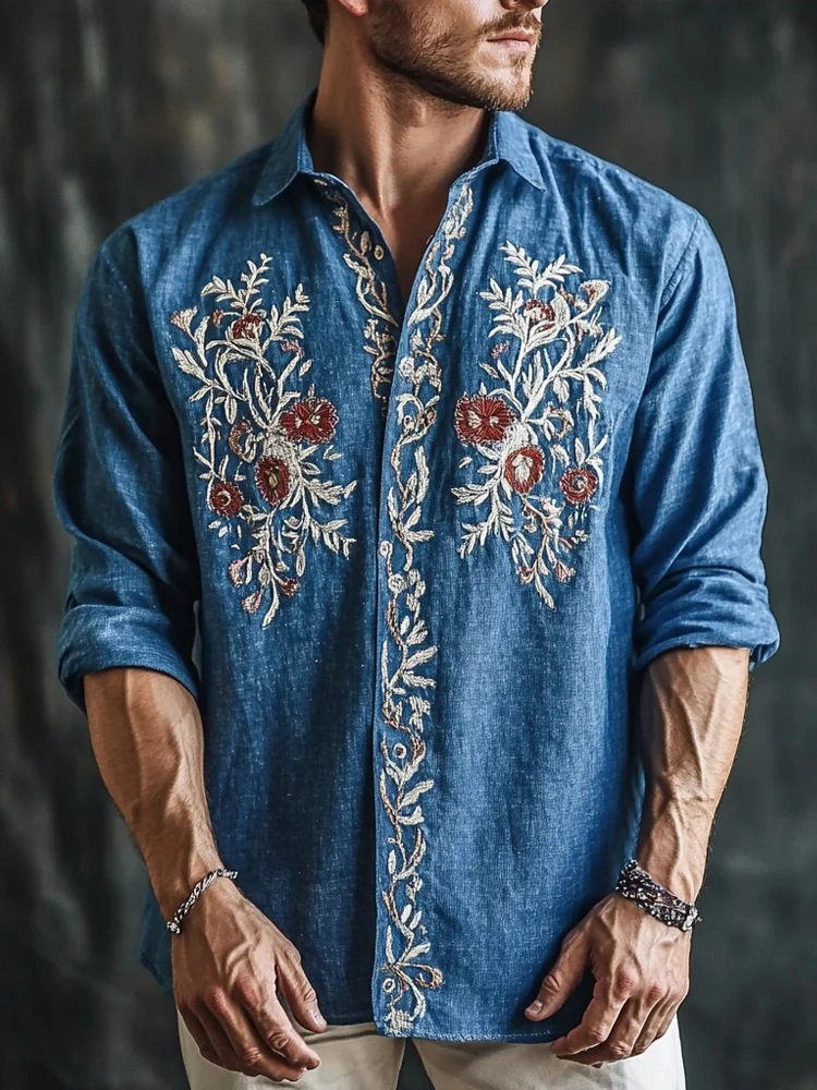 Men's Retro Embroidered Linen Blend Comfy Blouse