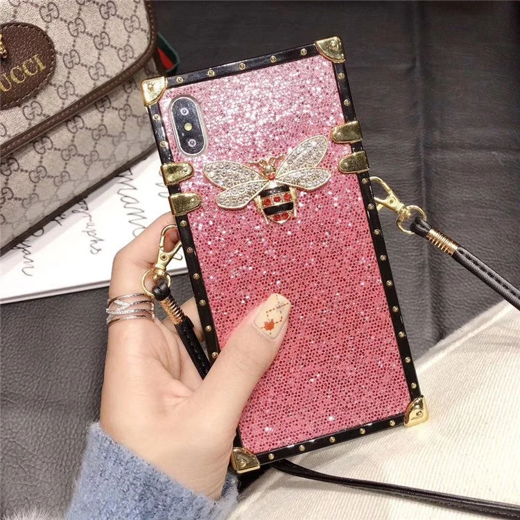 Luxury Fashion Gradient Glitter Bee Phone Case with Strap