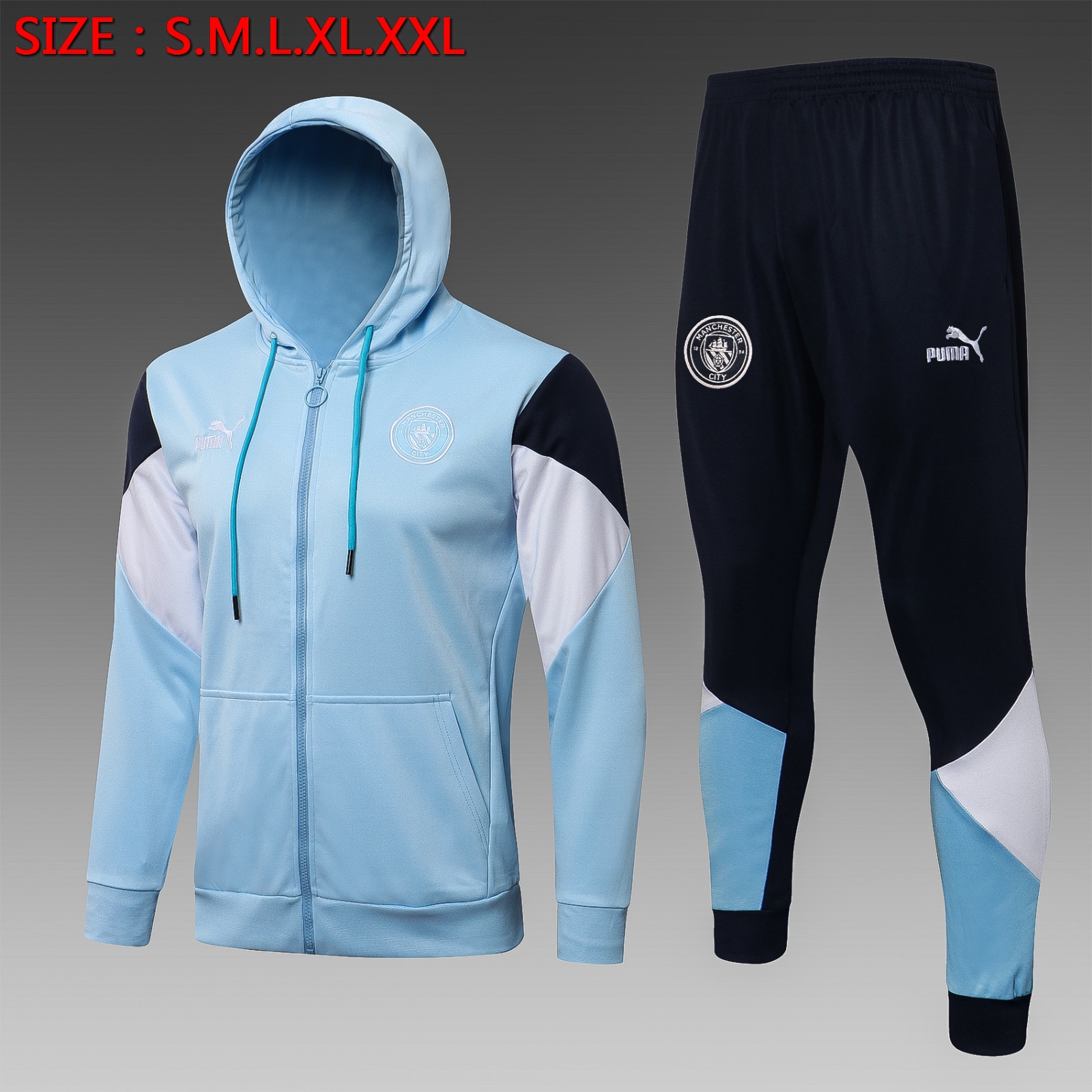 21-22 Long Zip Manchester City Light Blue Hooded SuitFootball Shirt 1:1 Thai Quality