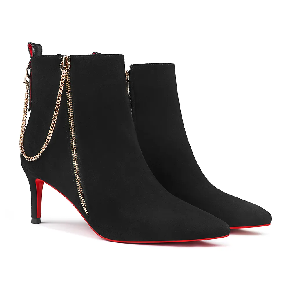 60mm Women's Pointed Toe Metal Chain Kitten Heel Single Strap Red Bottom Booties-vocosishoes