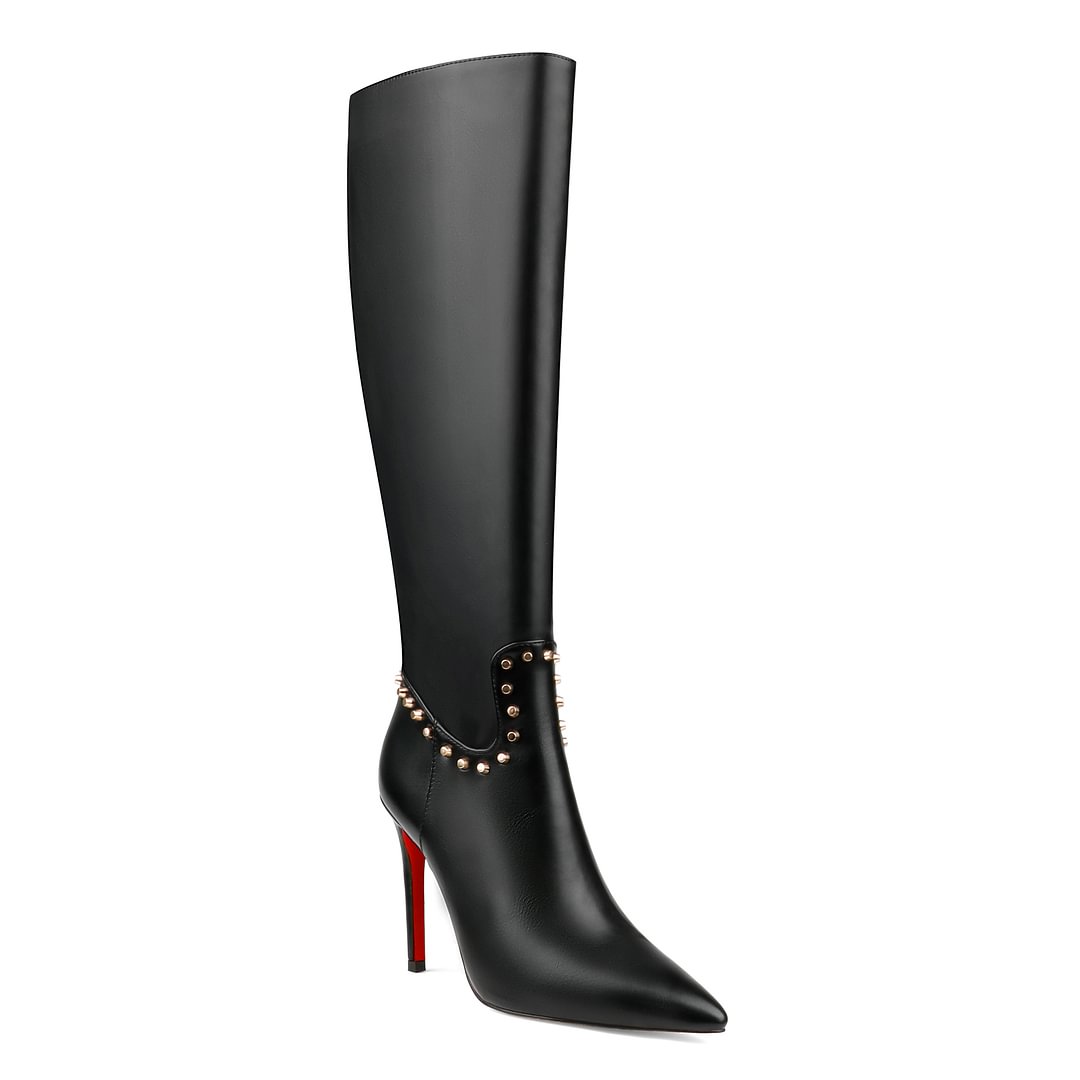100mm Women's Fashion Zipper Leather High Heels Knee Boots Red Bottom Shoes-MERUMOTE