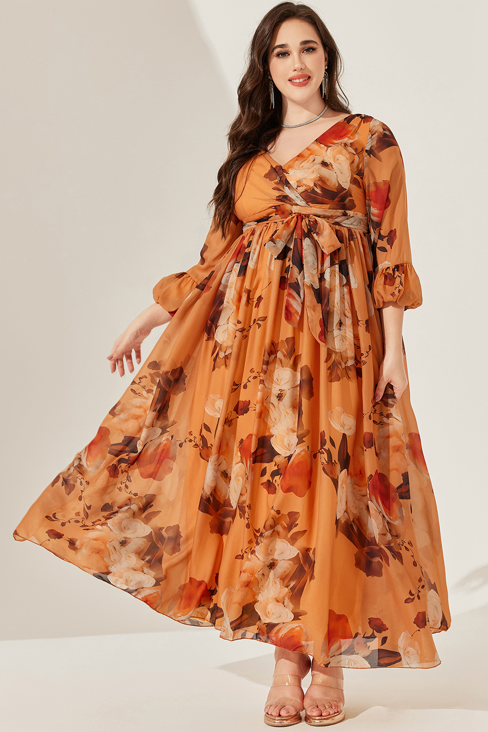 Flycurvy Plus Size Wedding Guest Orange Chiffon Floral Print Wrap Lantern  Sleeve Lace-Up Maxi Dress- Flycurvy