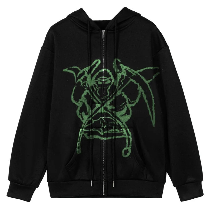 Gothic Hooded Jacket Portrait Demon Print Long Sleeve Zip-up Top Coat Streetwear with Pockets Y2K Hip Hop Men Women Sweatshirt 216