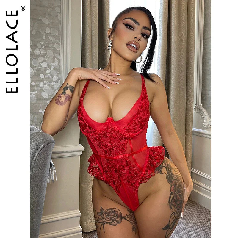 Billionm Ellolace Sexy Lingerie Bodysuit Women Heart-Shaped Embroidery Body Crotchless Female Fancy Cloth Red Erotic Costume