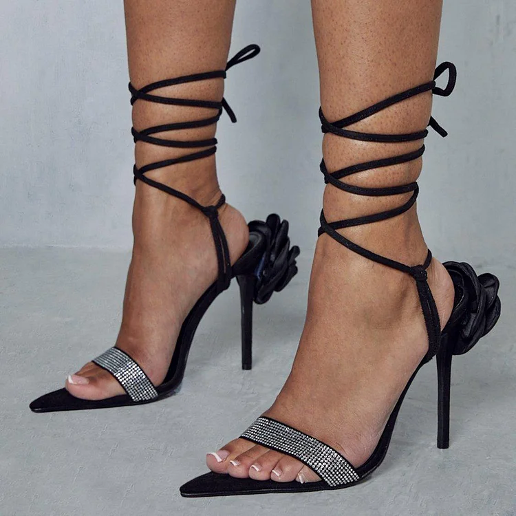 Black Satin Rose Evening Heels Pointed Toe Rhinestone Lace Up Sandals |FSJ Shoes