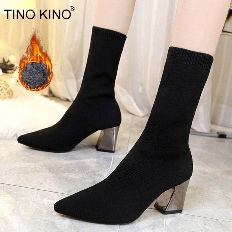 New Ankle Boots Autumn Pointed Toe Stretch Knitting Sock Boots Plus Size High Heels Female Slip On Lady Shoes Hot Fashion Shoe