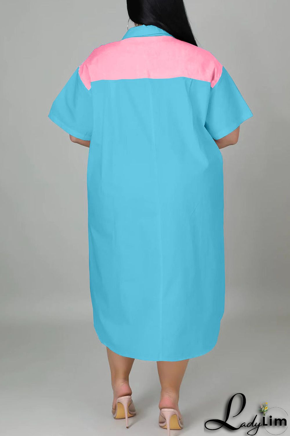 Light Blue Casual Solid Patchwork Zipper Collar Straight Plus Size Dresses