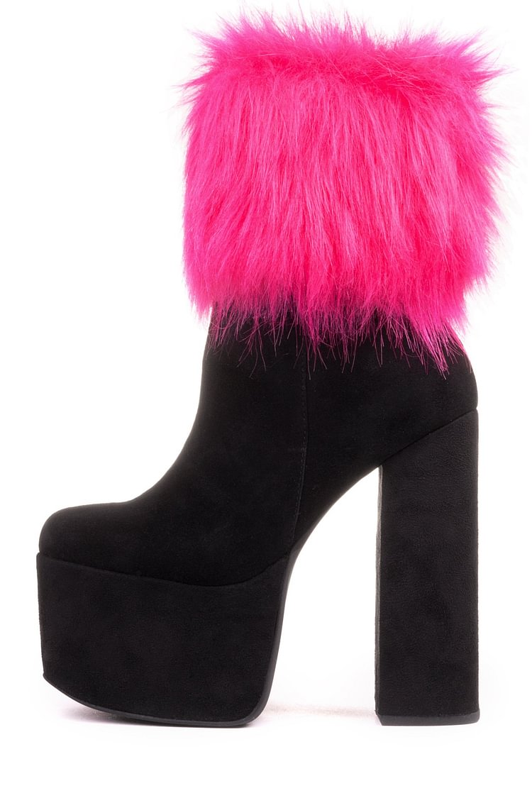 Black Suede Pink Fur Boots Chunky Heel Platform Ankle Boots |FSJ Shoes