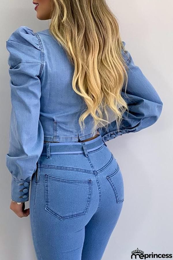 Puff Sleeve Round Neck Denim Blouse
