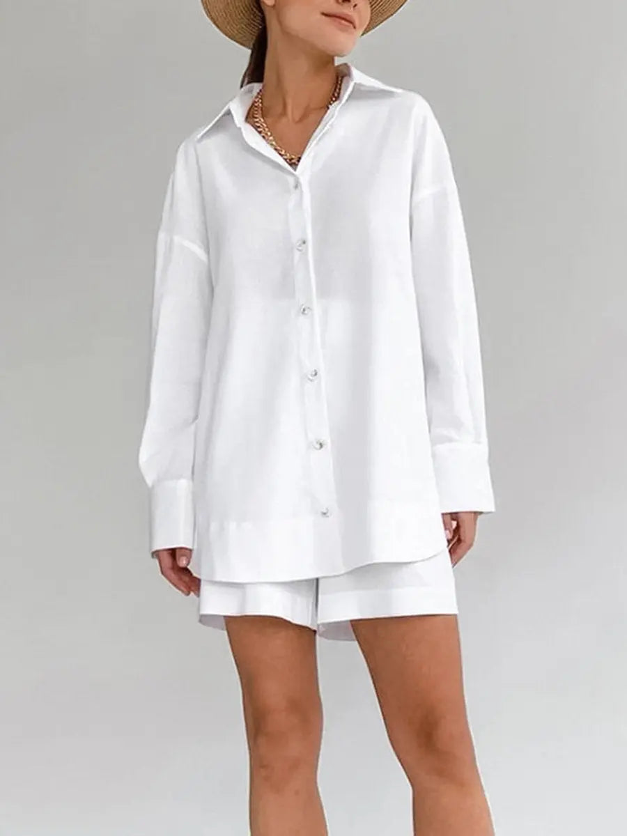 Solid Color Linen Turndown Collar Long Sleeve Two-Piece Set