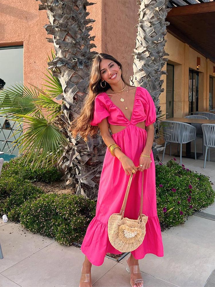 Llyge Backless Hollow Out Long A Line Dress Women Fashion Lace Up Puff Sleeve Maxi Dress 2024 Summer Beach Robe Pink Woman's Gown llyge