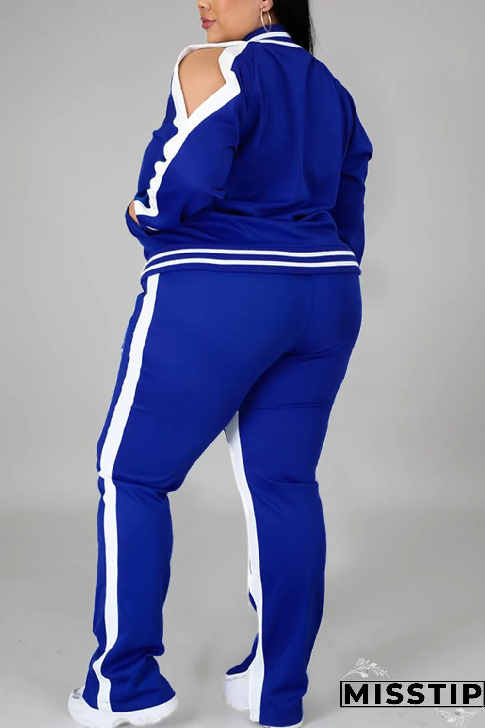 Black Fashion Casual Sportswear Zipper Collar Long Sleeve Regular Sleeve Patchwork Plus Size Set