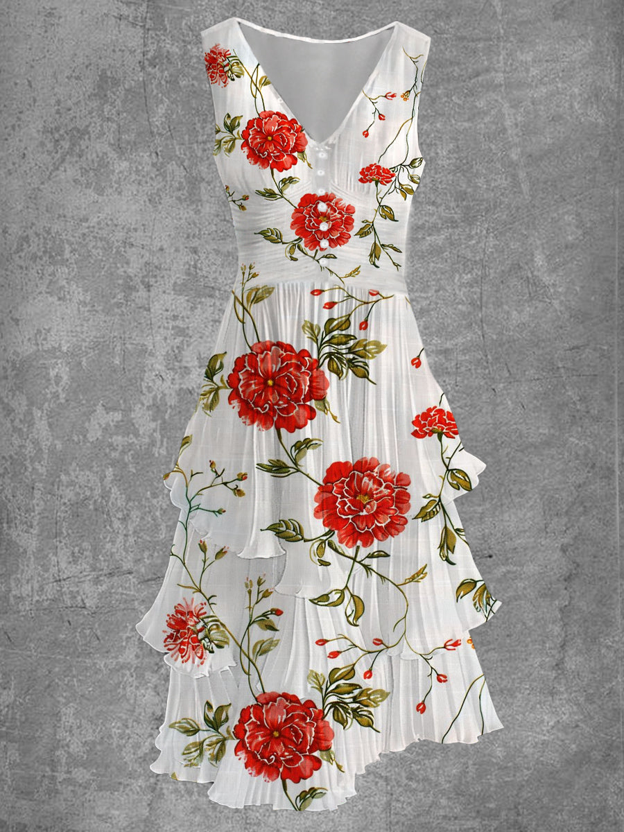 Floral Art Print Sleeveless V-Neck Button Up Retro Midi Dress