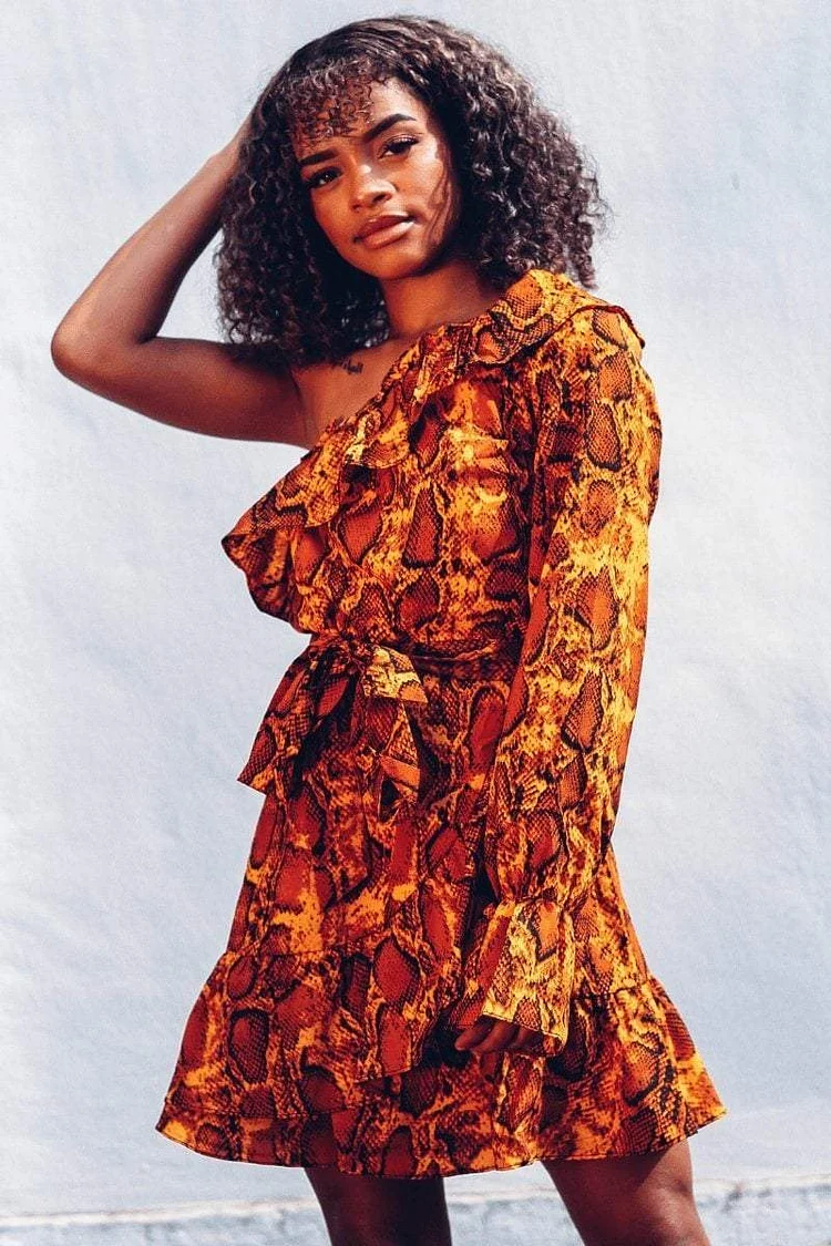 Yellow Snake Print Asymmetric Mini Dress Katch Me