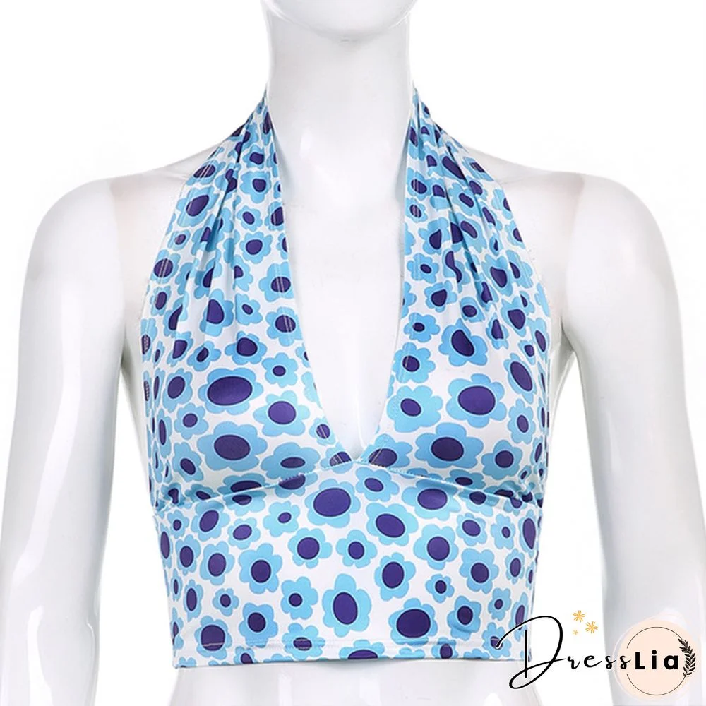 Women Halter Deep V Neck Sleeveless Crop Top Summer Holiday Fashion Floral Print Camisole Backless Vest