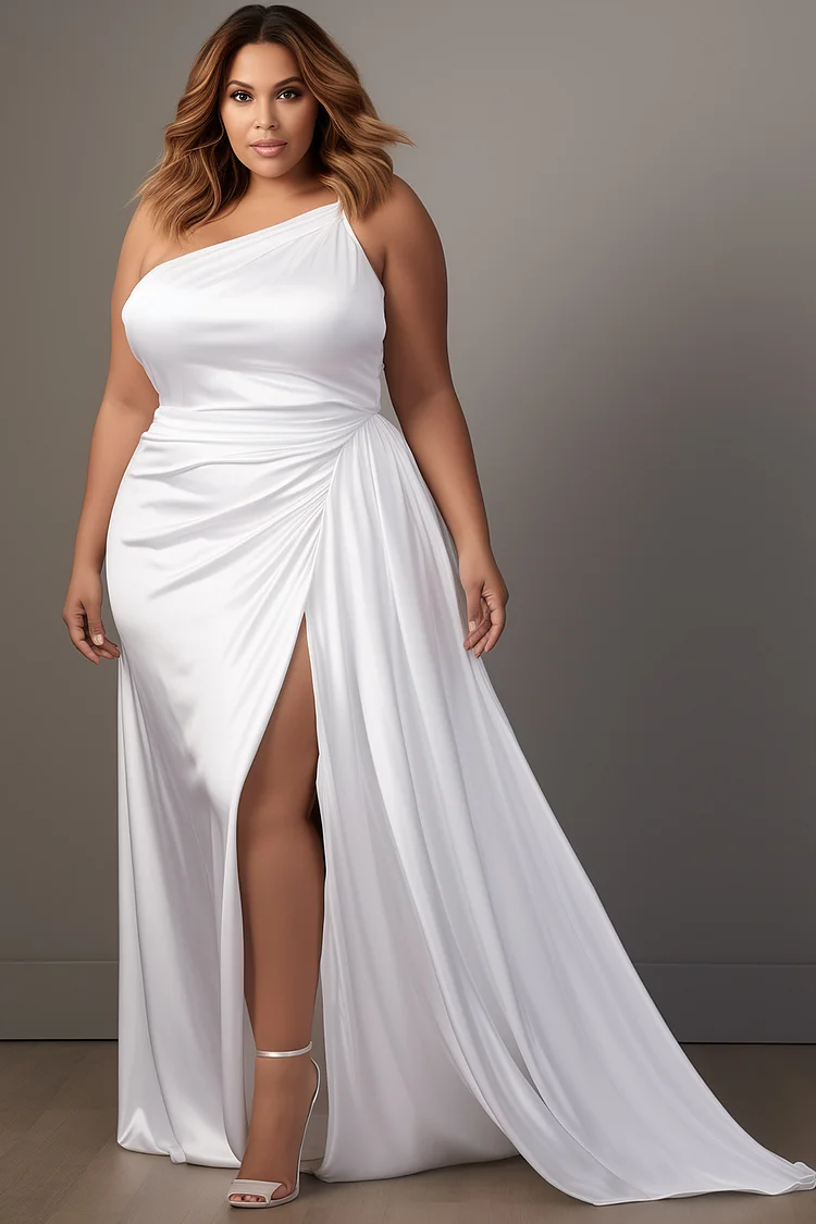 Xpluswear Design Plus Size Wedding White Oblique Collar Split Fold Satin Maxi Dresses [Pre-Order]