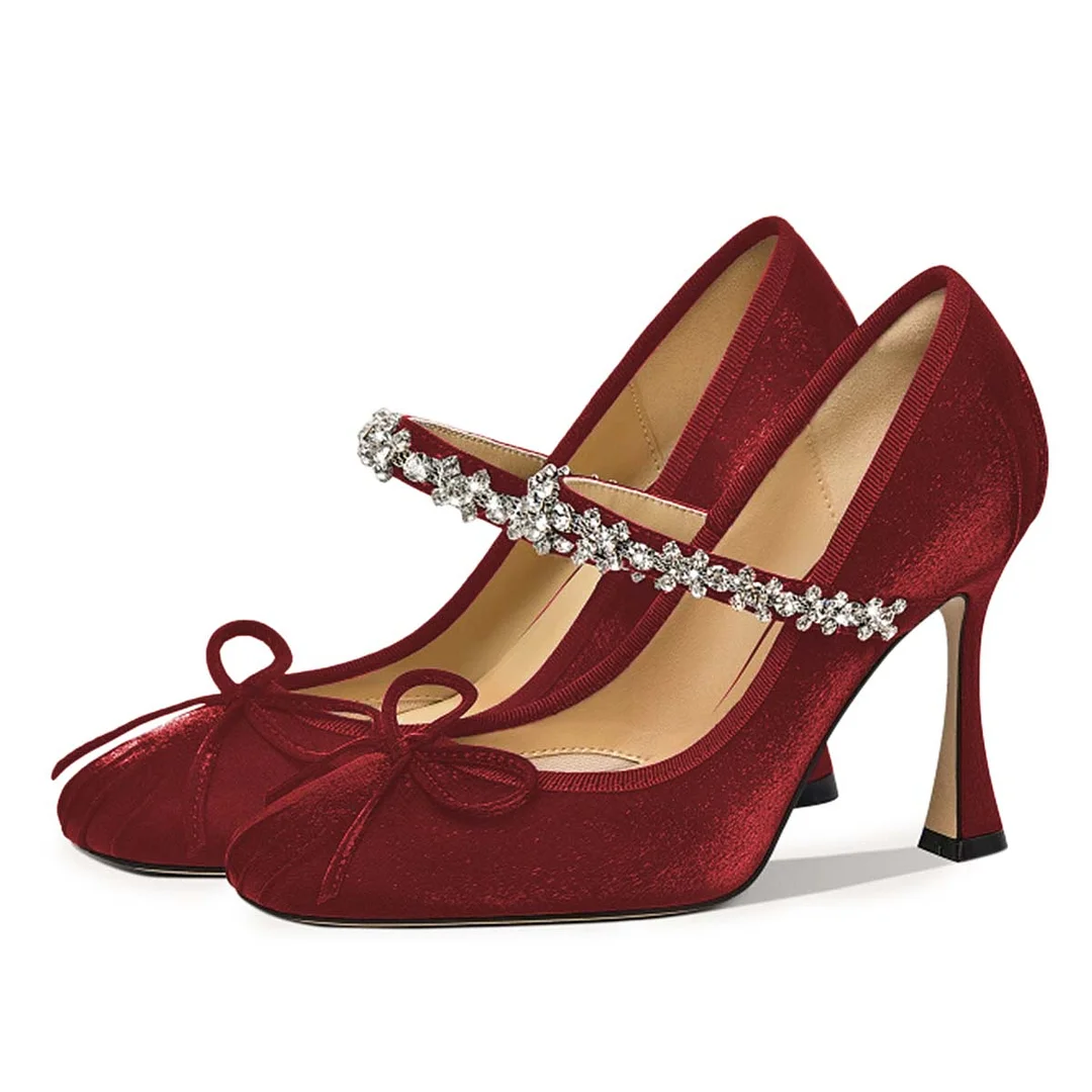 Velvet Rhinestone Square Toe Bow Flared Heel Mary Jane Pumps in Red