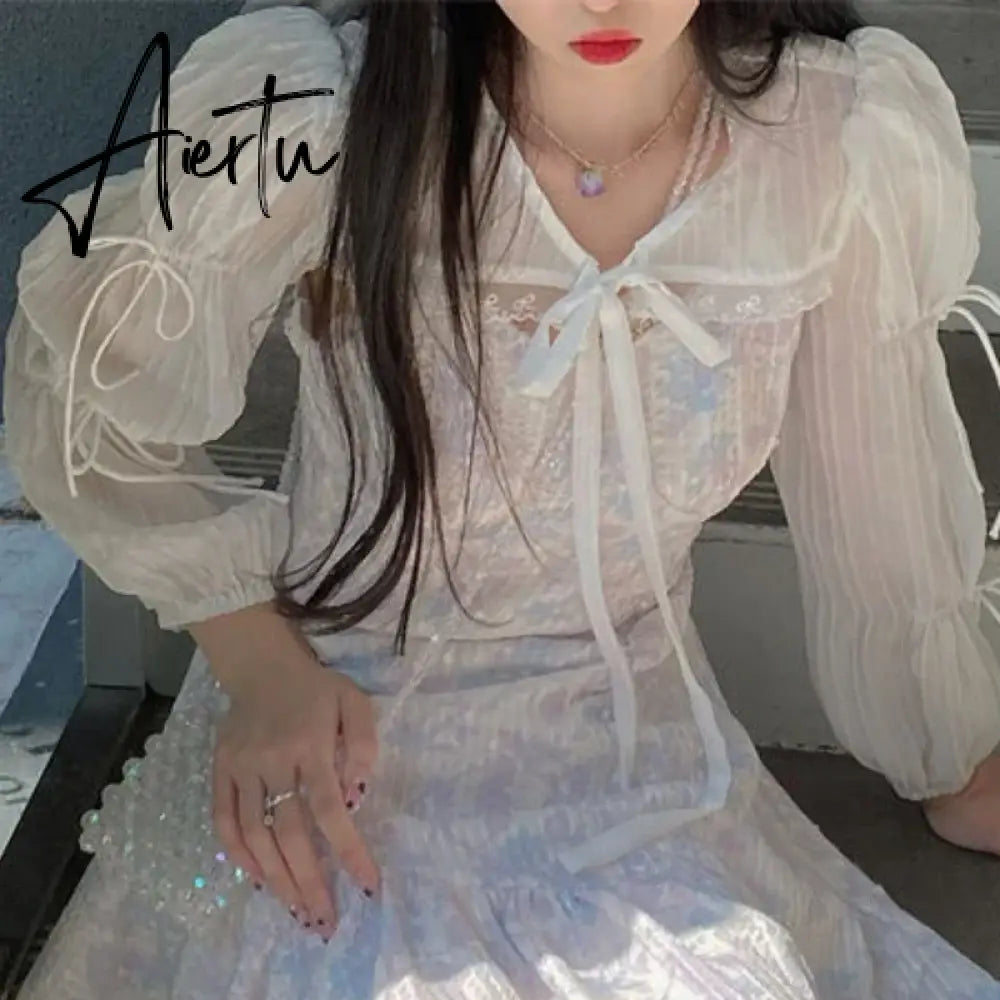 Aiertu Summer Lace Print Sweet Strap Dress Women Irregular Ruffle Flounce Cute Midi Dress Female Chiffon Glitter Elegant Dress Aiertu