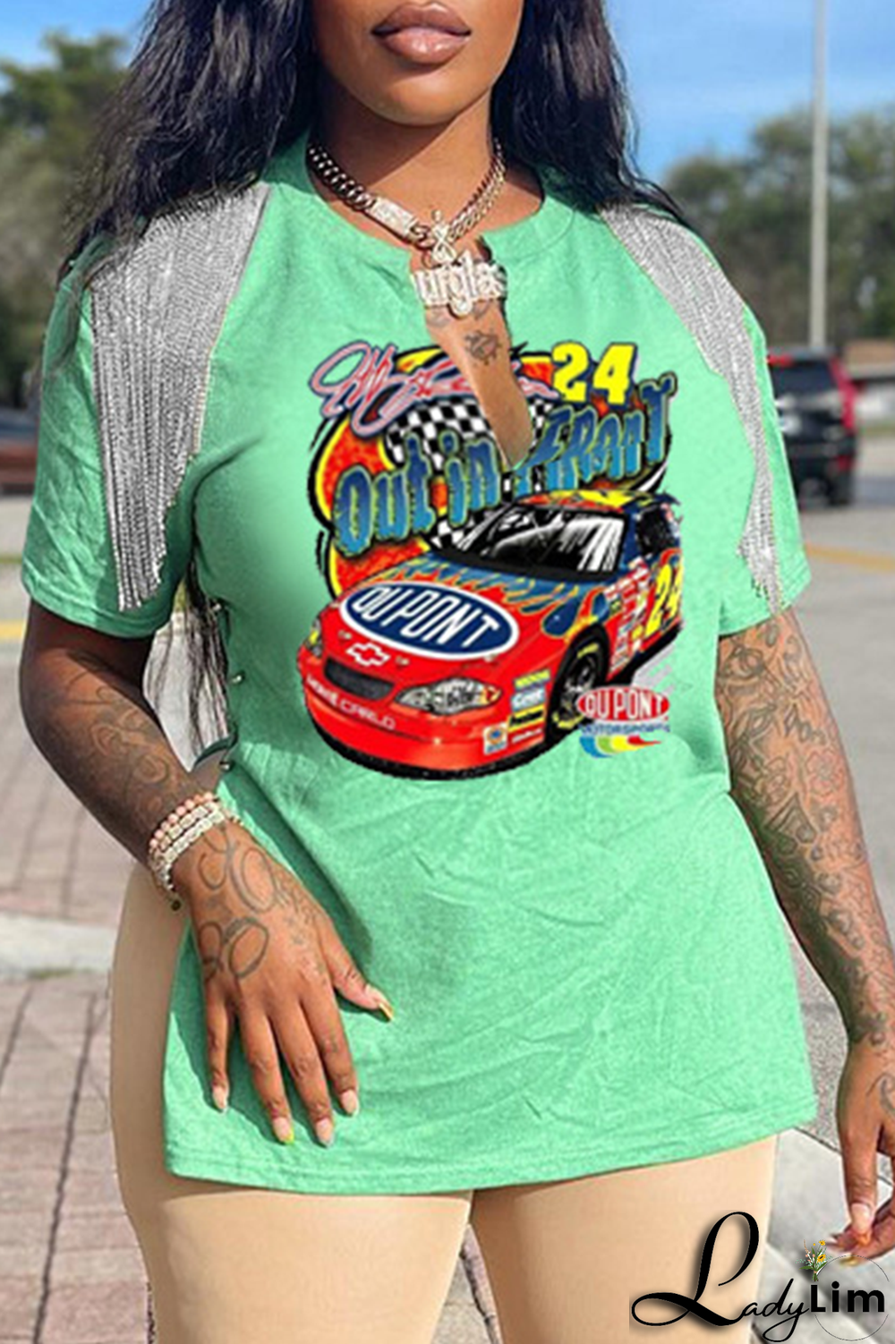 White Fashion Print Tassel V Neck T-Shirts