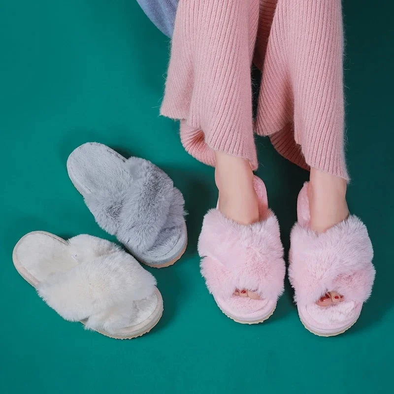 2021 Winter New Women Soft Plush Furry Cross Band 3cm Heel Fur Women Shoes Indoor Ladies Platform Open Toe Fluffy House Slippers
