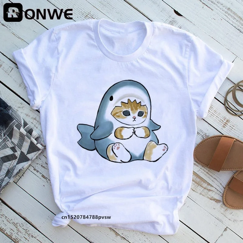 Cat Shark Funny Women Cartoon Y2K T shirt Female 90s Summer Clothing Girl Fashion Black T-shirts,Drop Shipping