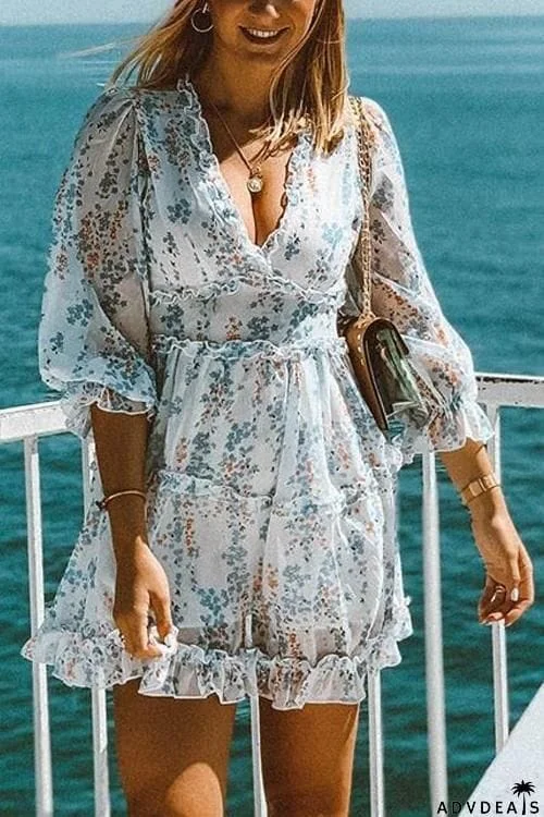 Print V Neck Backless Mini Dress